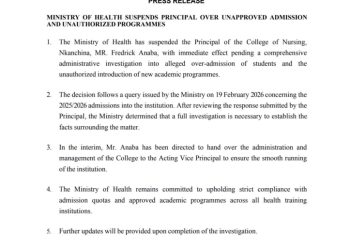Health Ministry suspends Nkanchina Nursing College principal over alleged admissions irregularities