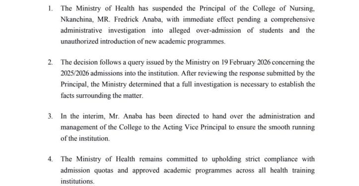 health ministry suspends nkanchina nursing college principal over alleged admissions irregularities
