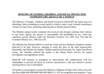 Ministry of Gender condemns violent assault in Cape Coast, urges urgent action 4 Ministry of Gender condemns violent assault in Cape Coast, urges urgent action