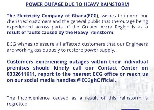 power outage in greater accra region due to heavy rainstorm ecg