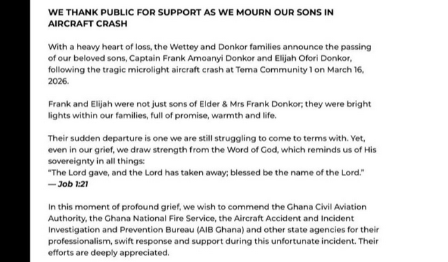 Tema aircraft crash: Families of victims thank first responders, request privacy to mourn 1 tema aircraft crash families of victims thank first responders request privacy to mourn