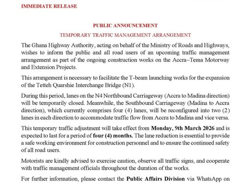 Temporary traffic changes announced on Accra–Tema Motorway for major construction works 1 temporary traffic changes announced on accra tema motorway for major construction works