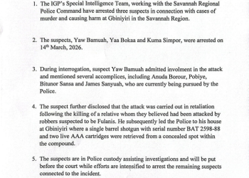 Three arrested over murder and assault at Gbiniyiri in Savannah Region