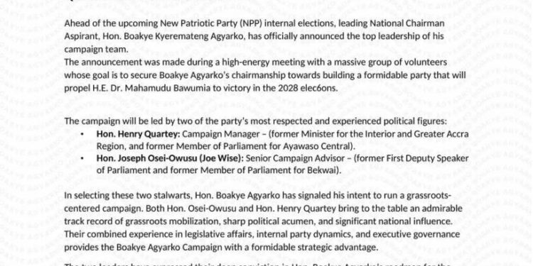 agyarko bolsters npp chairmanship bid with henry quartey and osei owusu as campaign leads