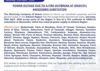 Akosombo substation fire plunges Ashanti Region into widespread darkness