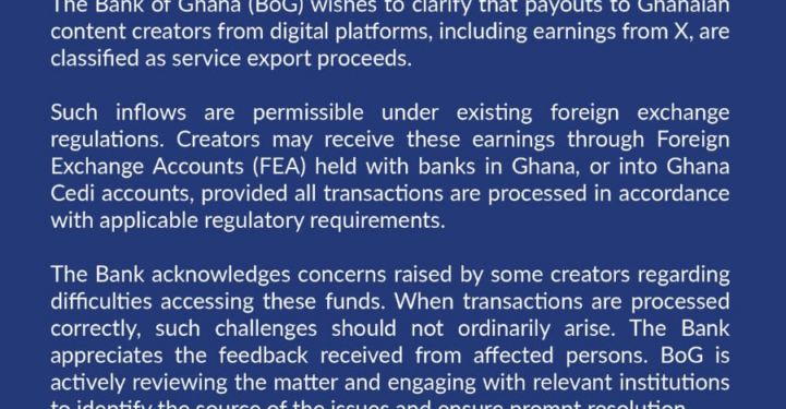 bank of ghana clarifies treatment of earnings for content creators