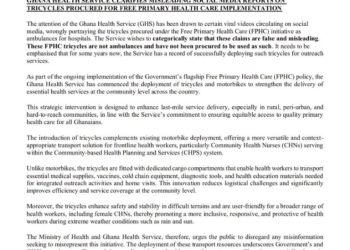 Ghana Health Service clarifies ‘misleading’ claims on tricycles procured under Free Primary Healthcare initiative