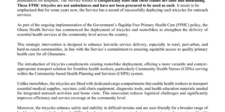 ghana health service clarifies misleading claims on tricycles procured under free primary healthcare initiative