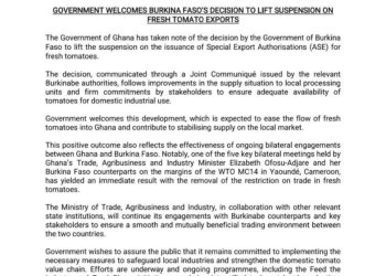 Ghana welcomes lifting of Burkina Faso’s tomato export ban