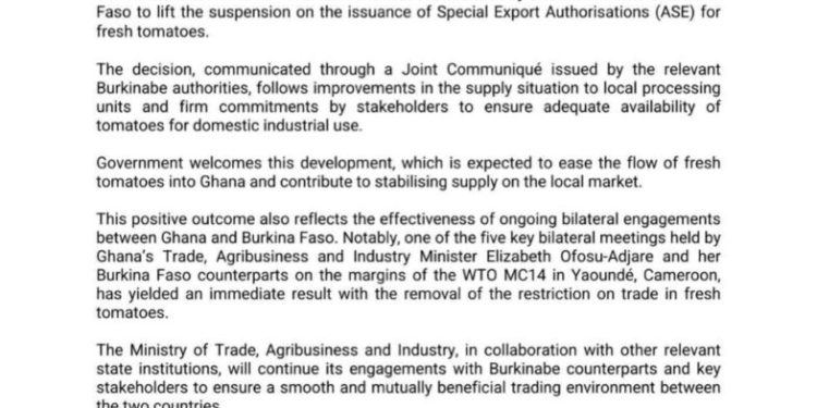 ghana welcomes lifting of burkina fasos tomato export ban