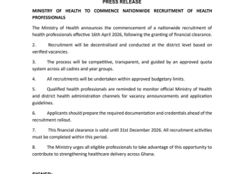 Health Ministry announces nationwide recruitment of health professionals from April 16