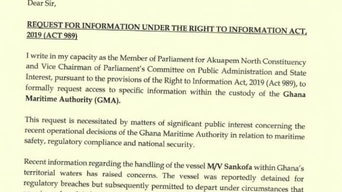sammi awuku files rti request over vessel linked to alleged drug trafficking