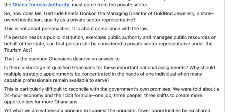 sammi awuku questions whether gta board chair gertrude donkor meets tourism act private sector requirement