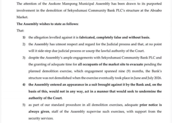 Asokore Mampong Assembly denies demolishing Sekyedumasi Community Bank structure