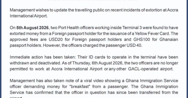 immigration officer transferred from accra international airport after asking passenger for breakfast